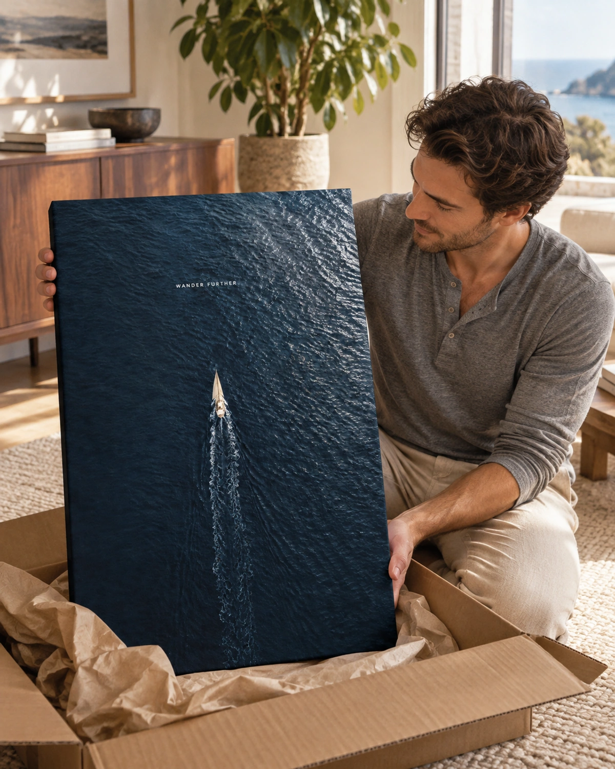 open water stretched canvas being unpacked at home