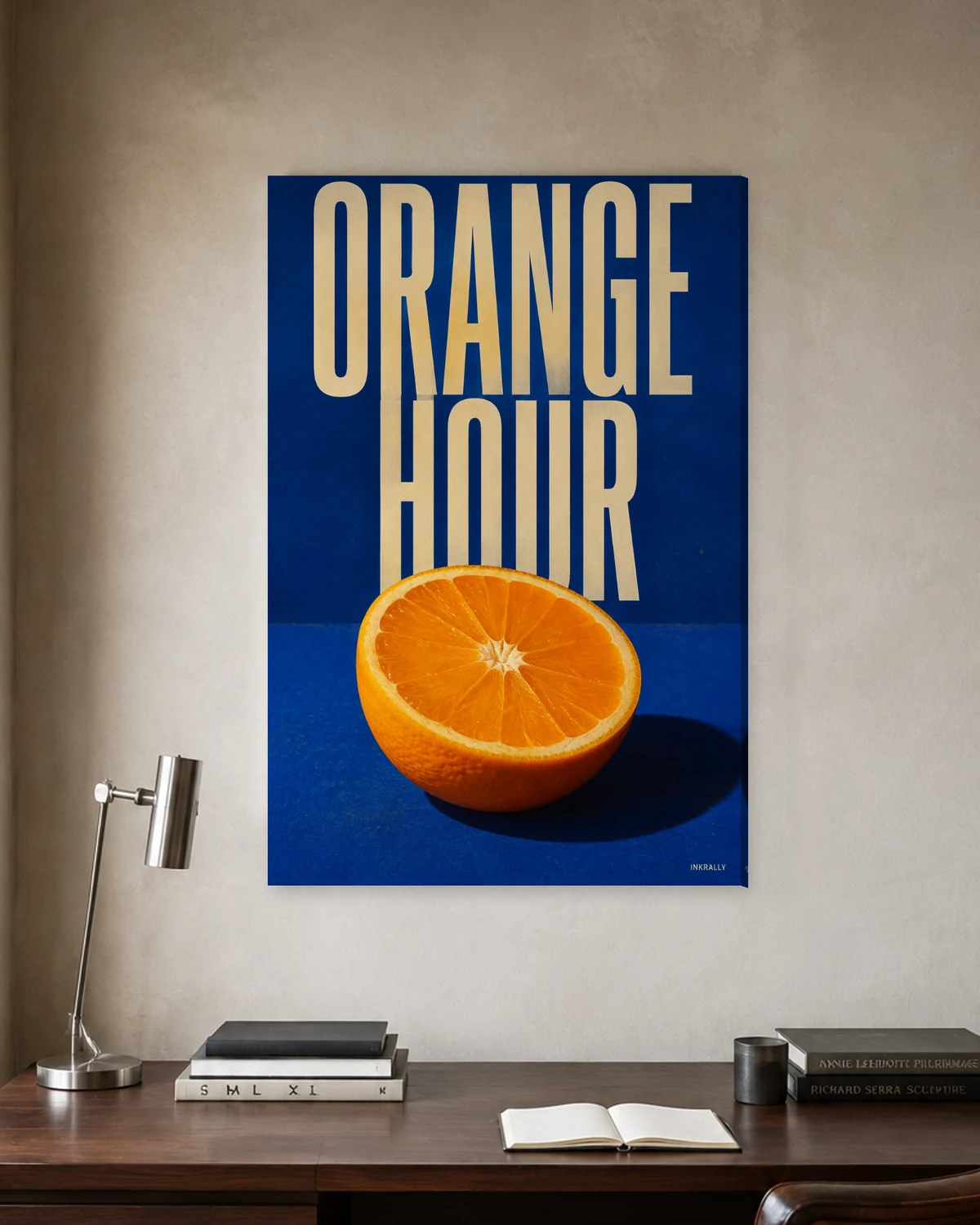 Orange Hour stretched canvas in a considered home office