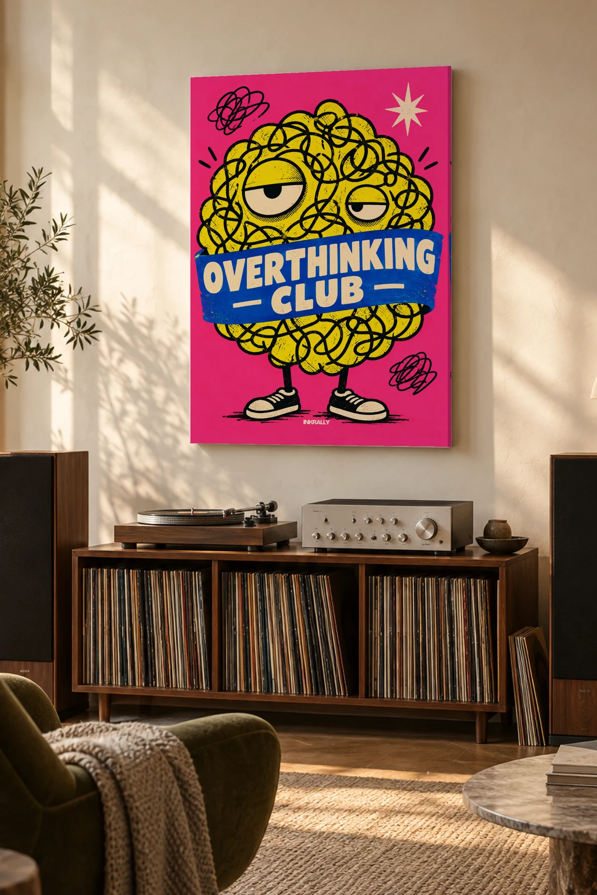 Overthinking Club — A considered listening room with warm natural light