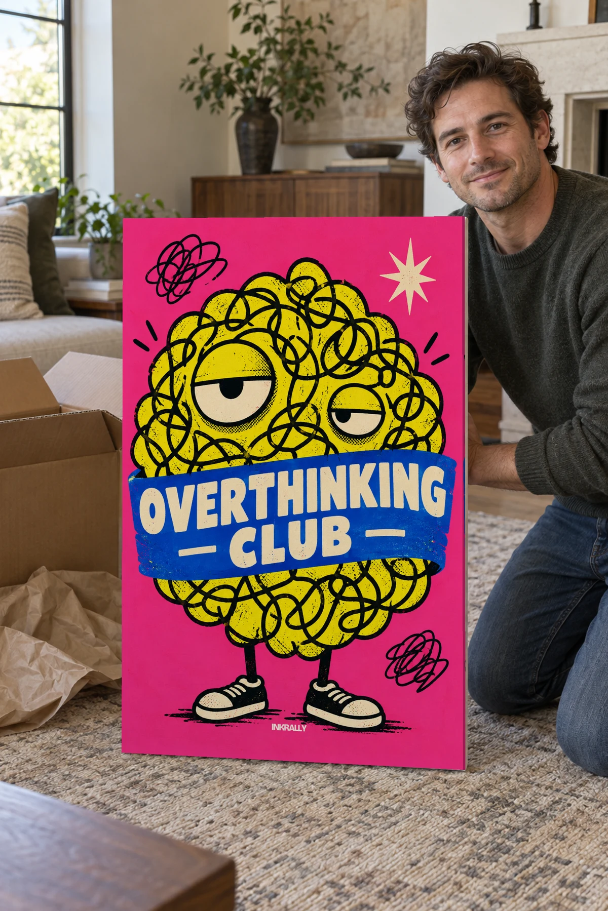 Overthinking Club stretched canvas shown after unpacking in a naturally lit home