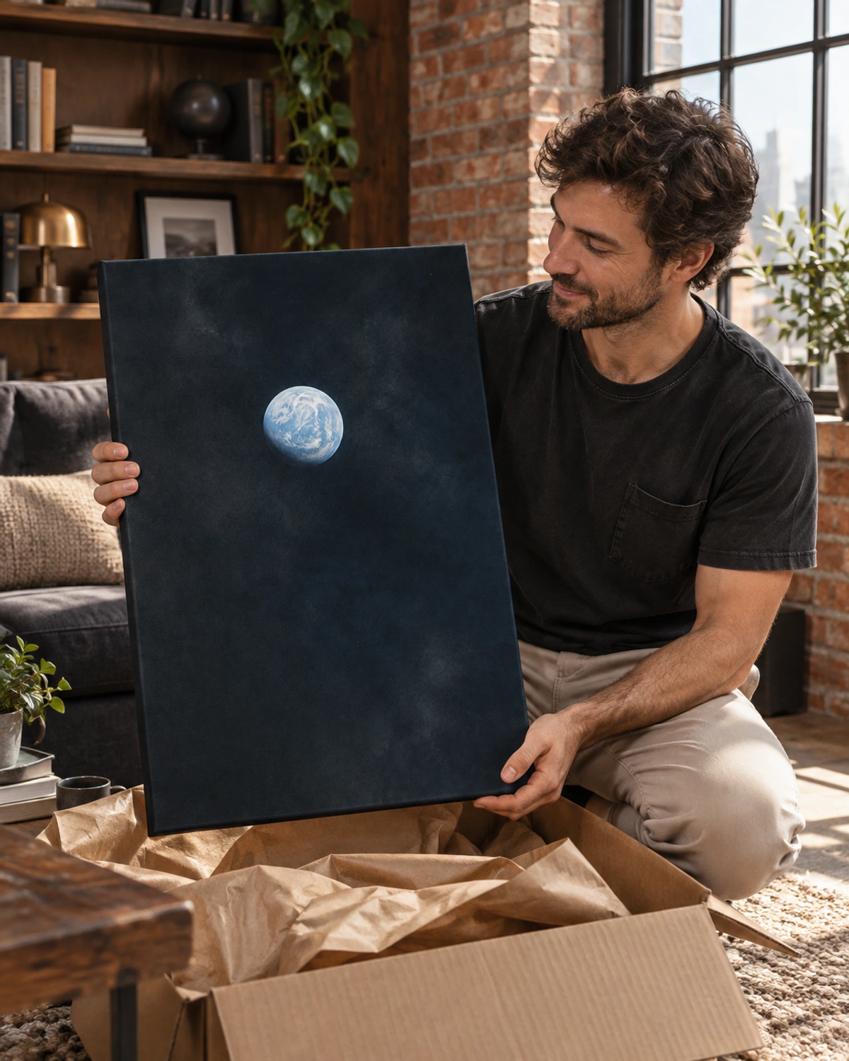 pale blue stretched canvas being unpacked at home