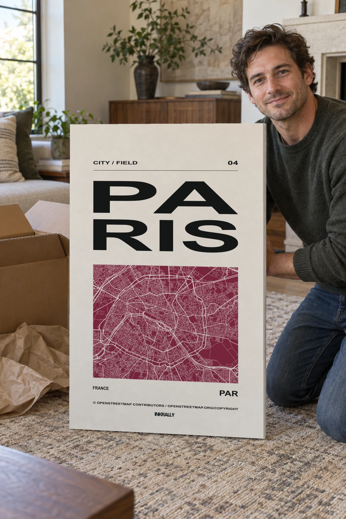 Paris / City Field stretched canvas shown after unpacking in a naturally lit home