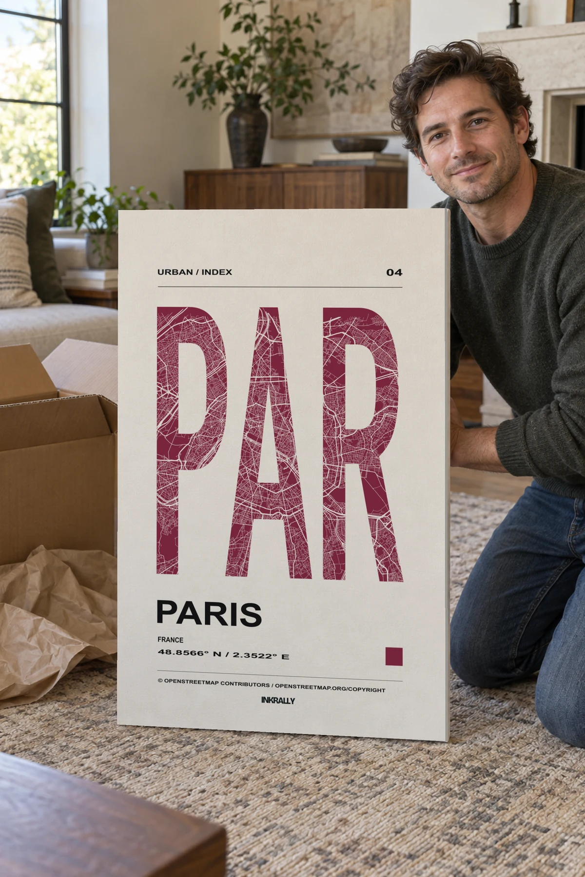 Paris / Urban Index stretched canvas shown after unpacking in a naturally lit home