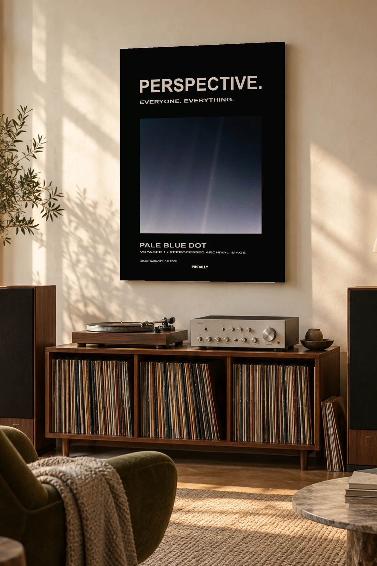 Perspective — A considered listening room with warm natural light