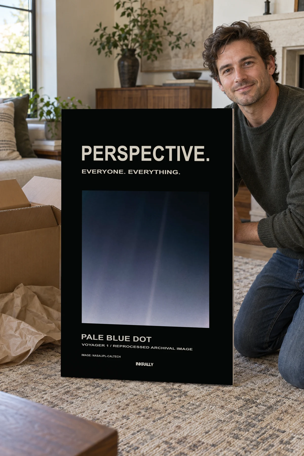 Perspective stretched canvas shown after unpacking in a naturally lit home