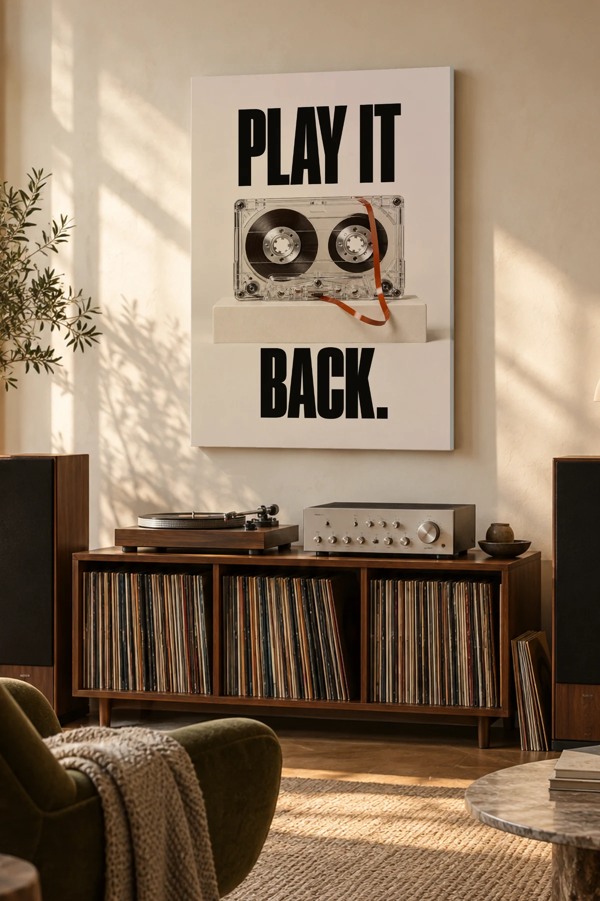 Play It Back — A considered listening room with warm natural light