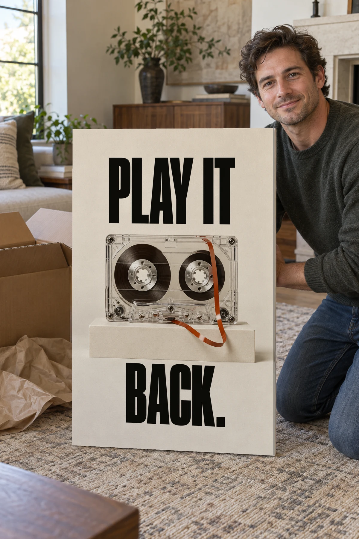 Play It Back stretched canvas shown after unpacking in a naturally lit home