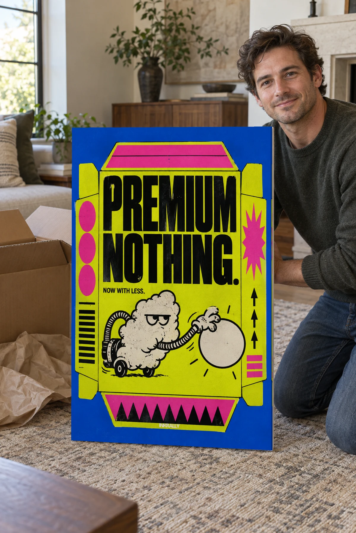 Premium Nothing stretched canvas shown after unpacking in a naturally lit home