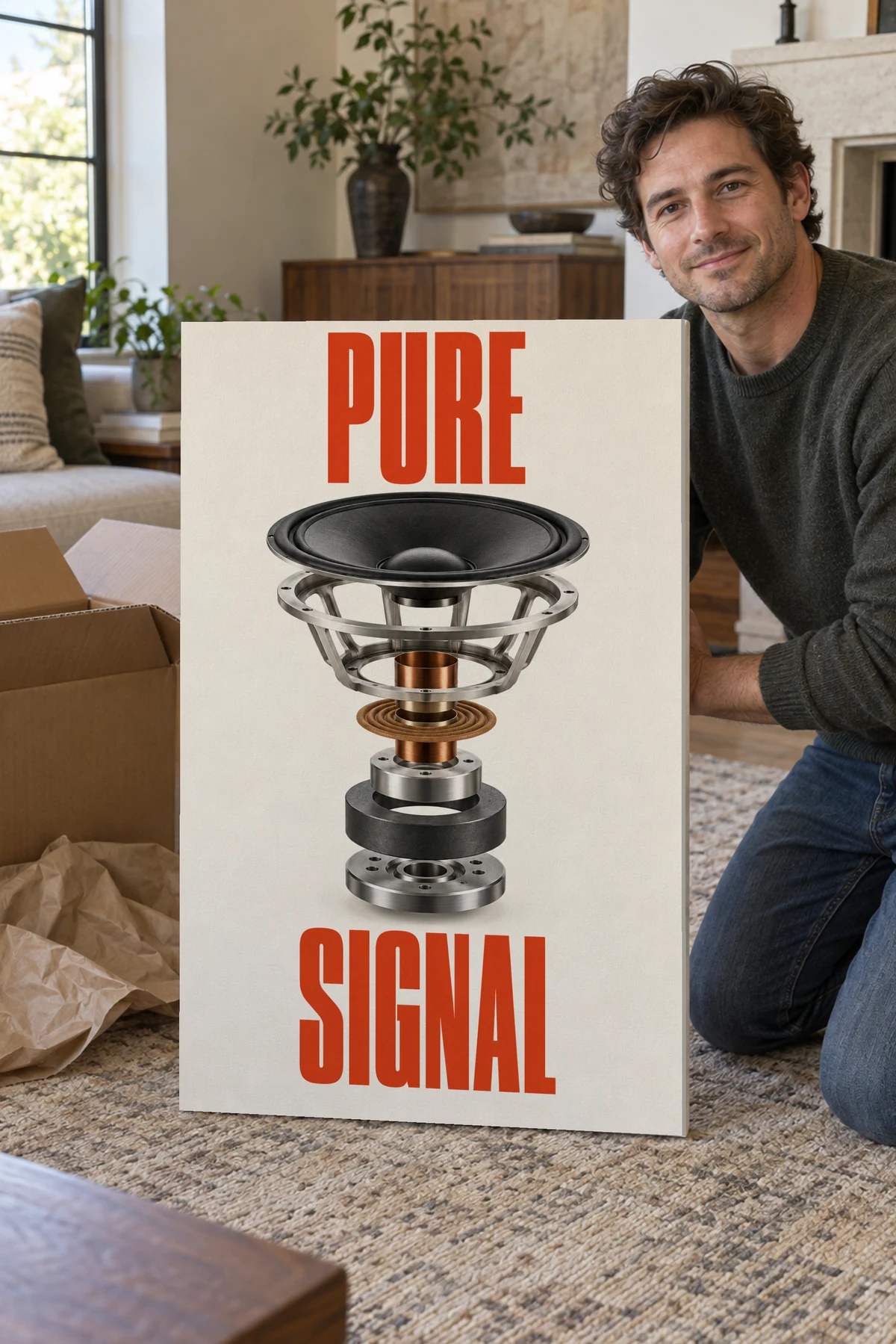 Pure Signal stretched canvas shown after unpacking in a naturally lit home
