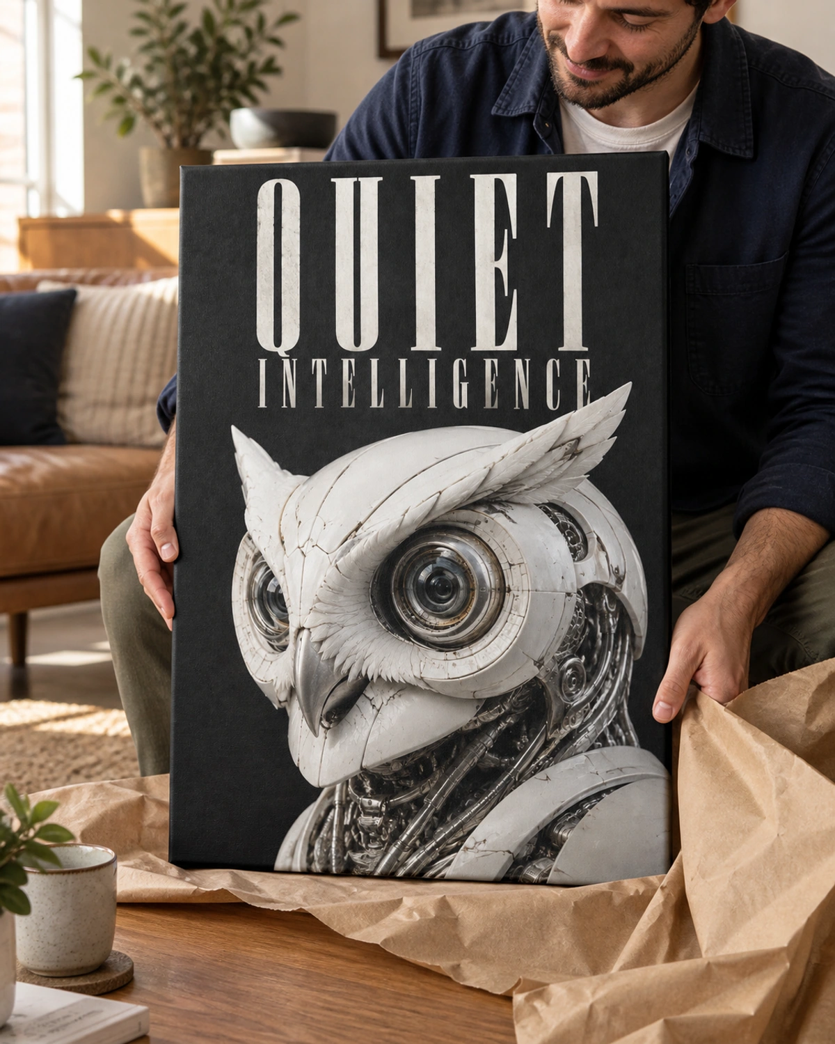 quiet intelligence stretched canvas being unpacked at home