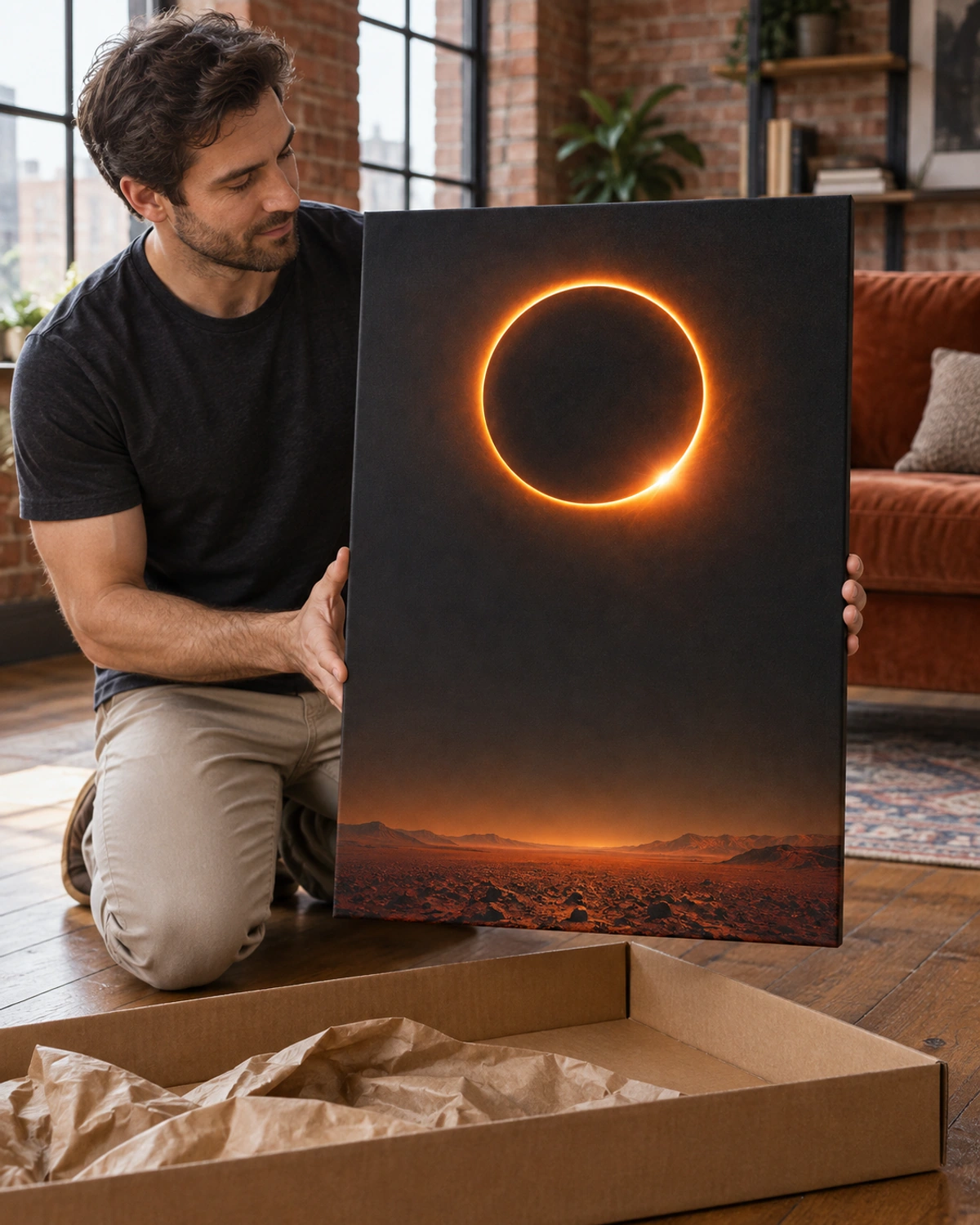 quiet orbit stretched canvas being unpacked at home