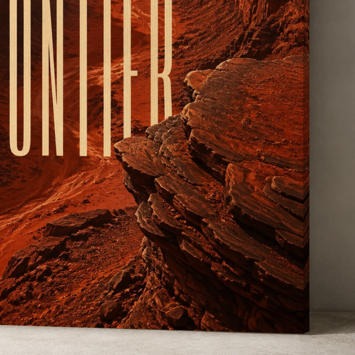 Red Frontier canvas surface and wrapped edge in a studio detail photograph