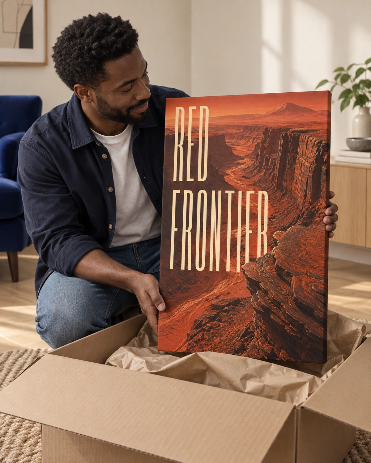 red frontier stretched canvas being unpacked at home