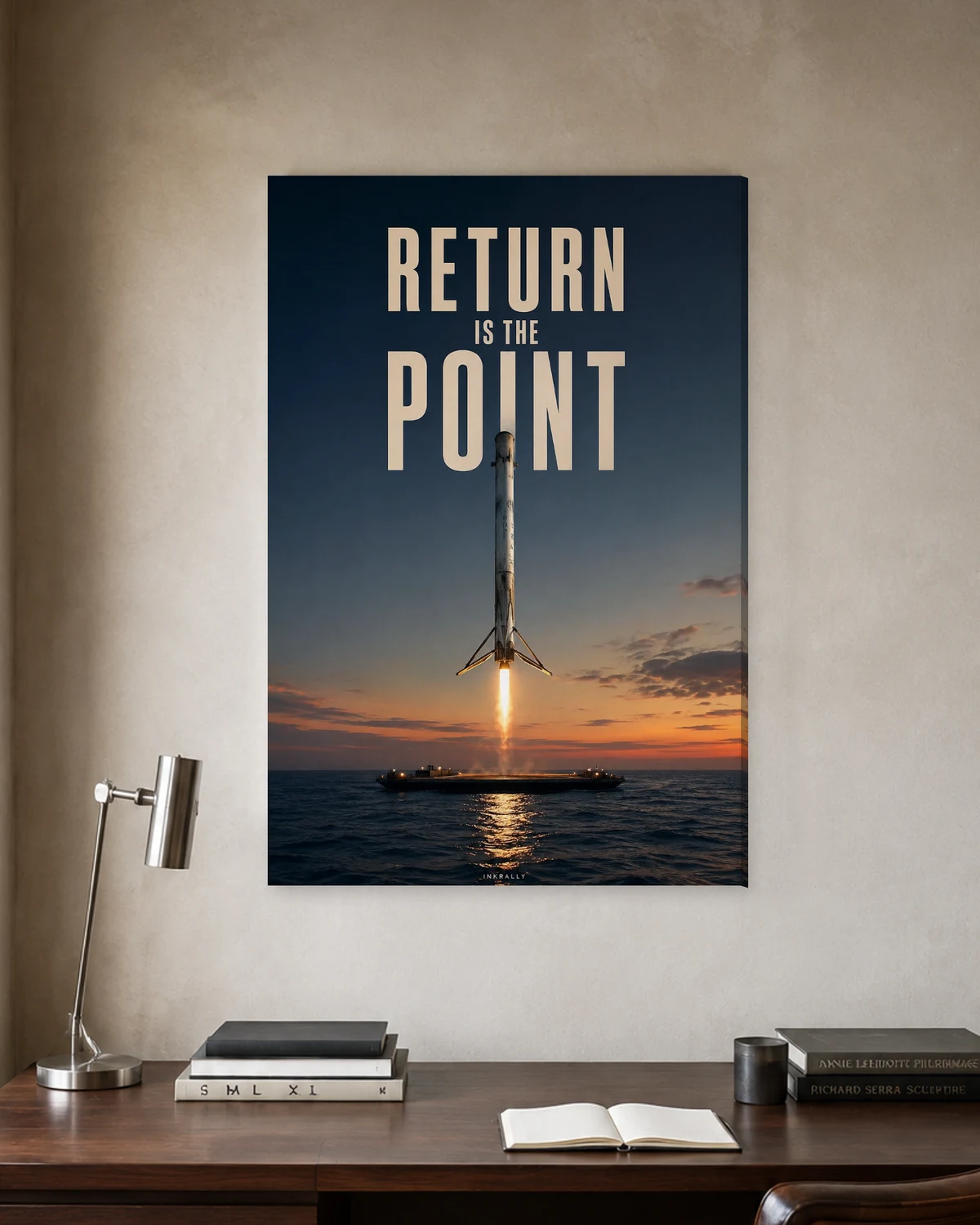 Return Is The Point stretched canvas in a considered home office