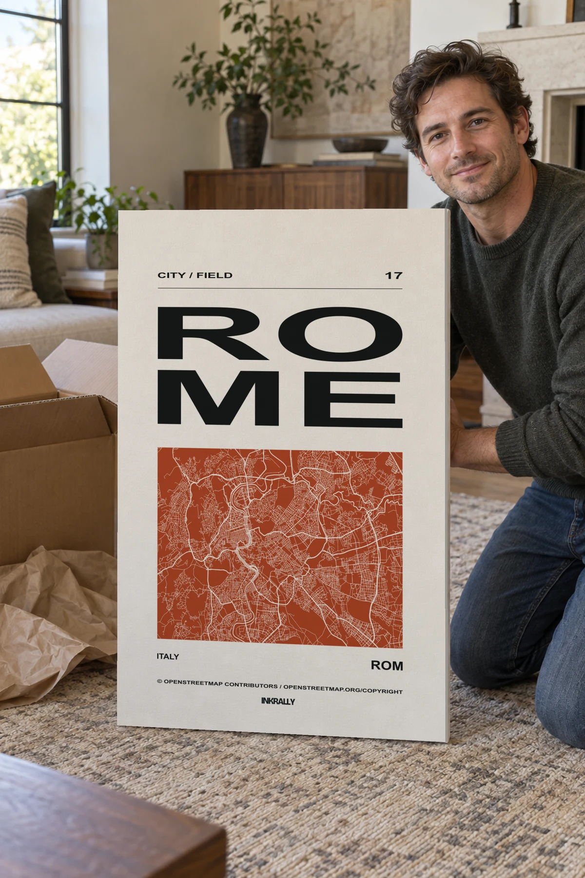 Rome / City Field stretched canvas shown after unpacking in a naturally lit home
