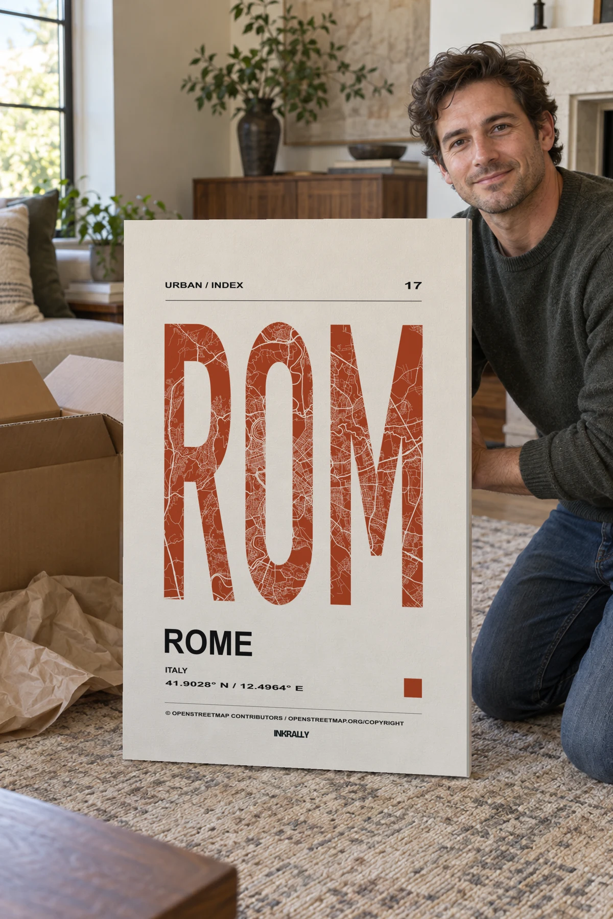 Rome / Urban Index stretched canvas shown after unpacking in a naturally lit home