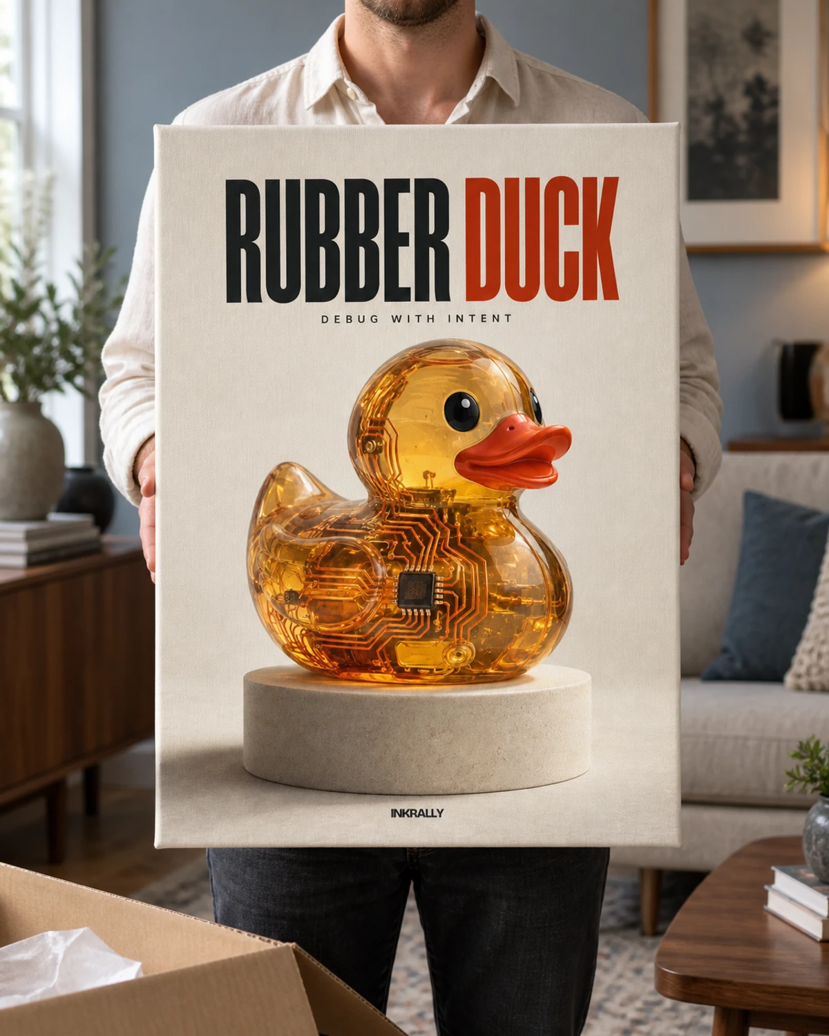 Rubber Duck stretched canvas held after unpacking in a naturally lit home