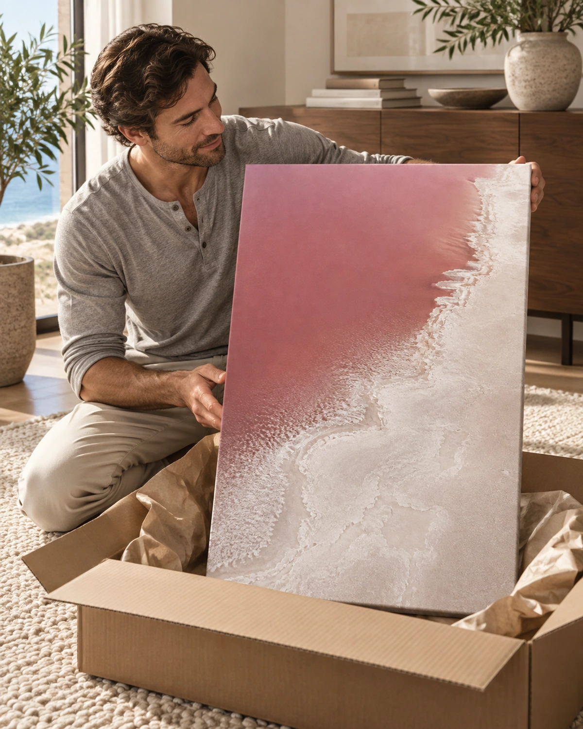 salt silence stretched canvas being unpacked at home