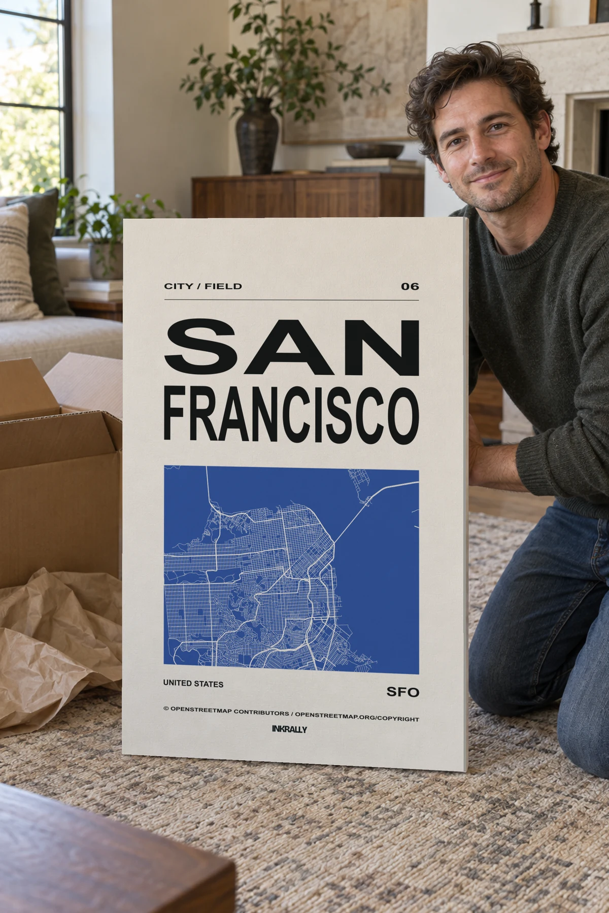 San Francisco / City Field stretched canvas shown after unpacking in a naturally lit home
