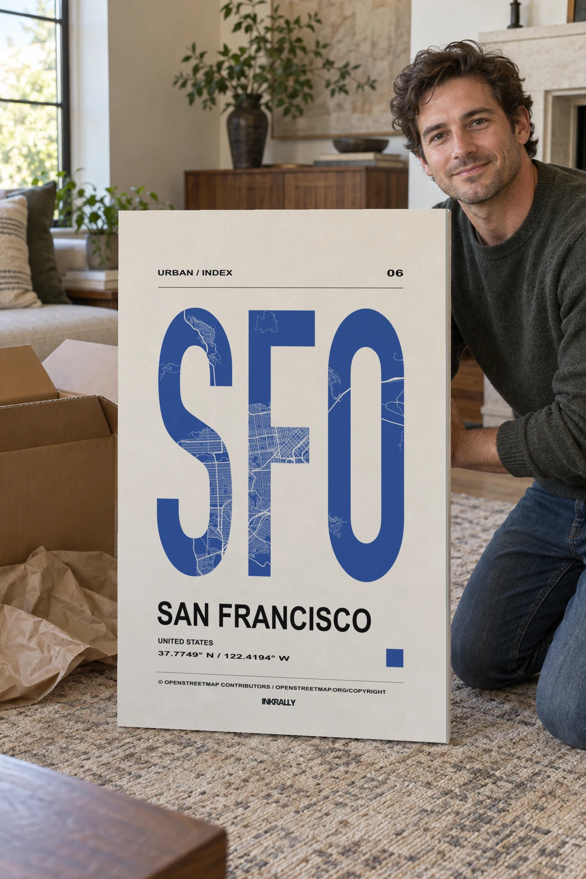 San Francisco / Urban Index stretched canvas shown after unpacking in a naturally lit home