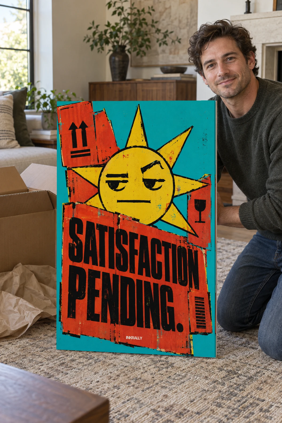 Satisfaction Pending stretched canvas shown after unpacking in a naturally lit home