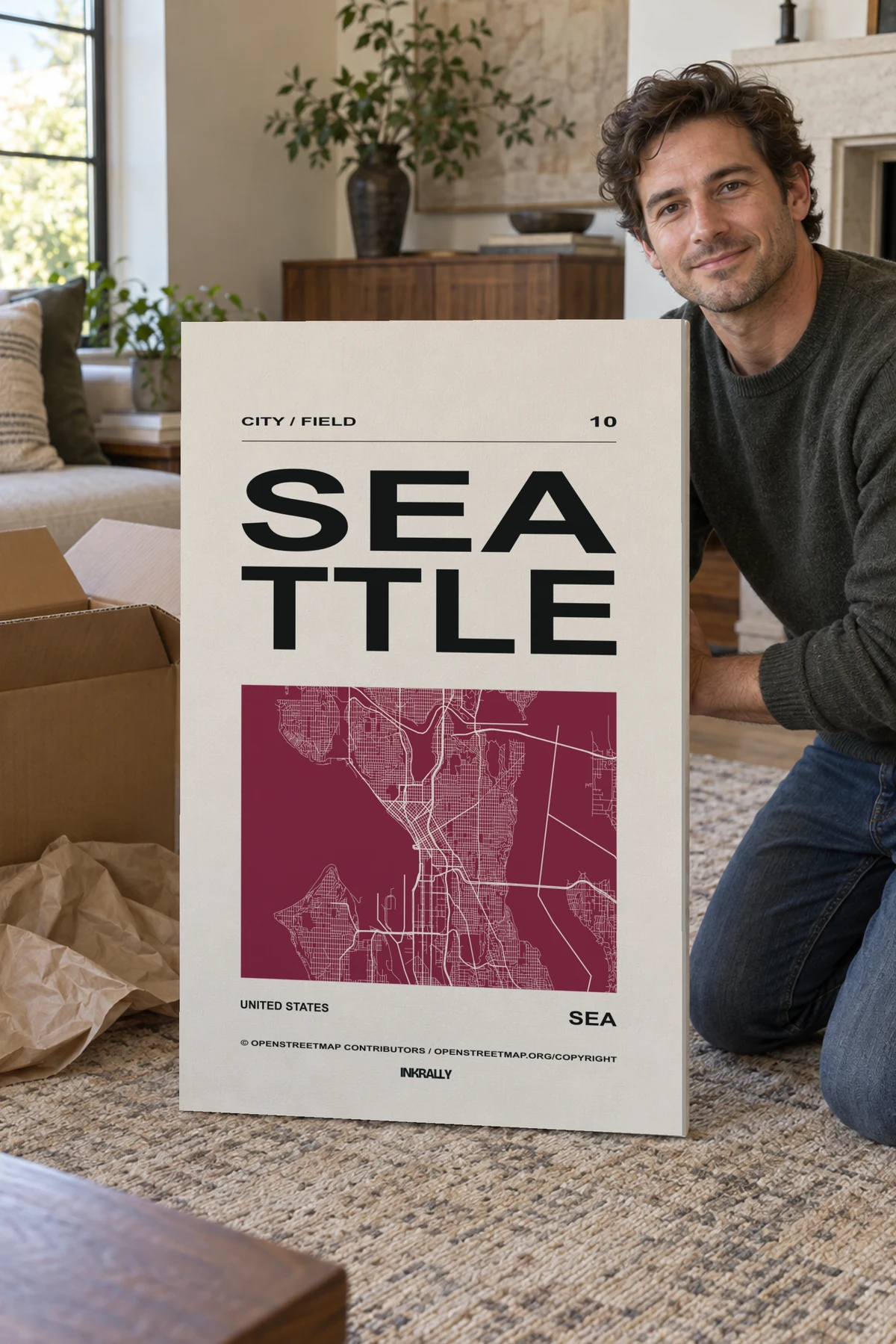 Seattle / City Field stretched canvas shown after unpacking in a naturally lit home