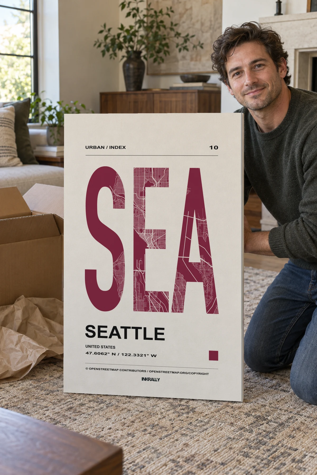Seattle / Urban Index stretched canvas shown after unpacking in a naturally lit home