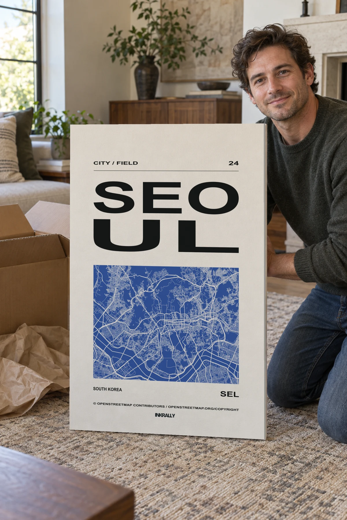 Seoul / City Field stretched canvas shown after unpacking in a naturally lit home