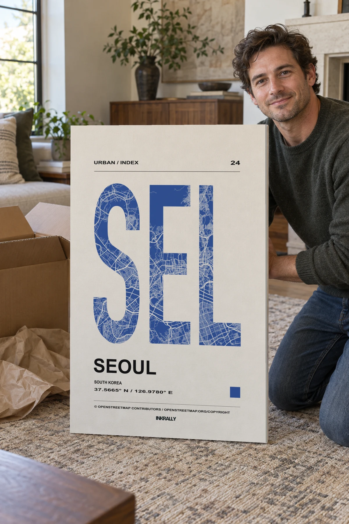 Seoul / Urban Index stretched canvas shown after unpacking in a naturally lit home