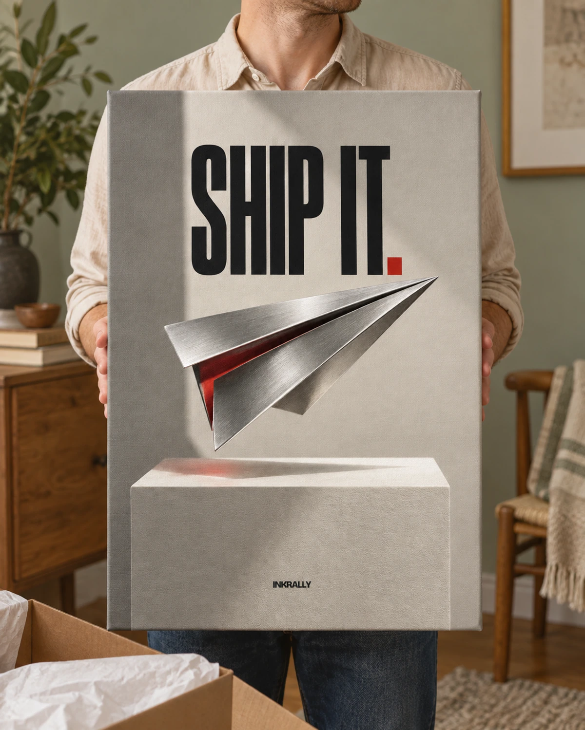 Ship It stretched canvas held after unpacking in a naturally lit home