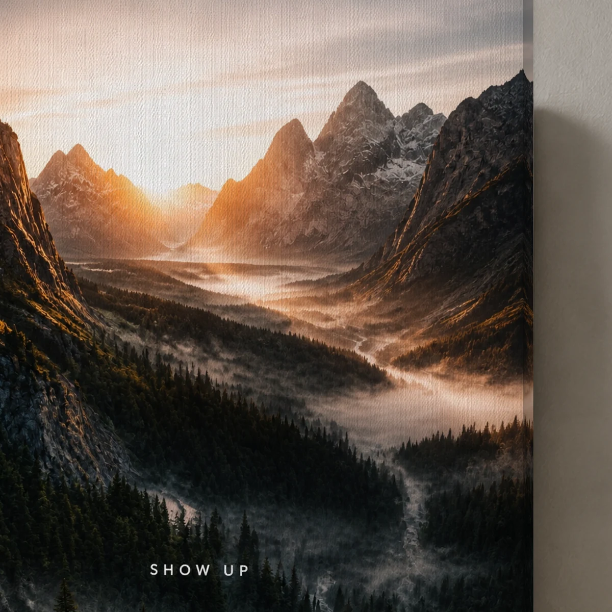 Show Up canvas surface and wrapped edge in a studio detail photograph