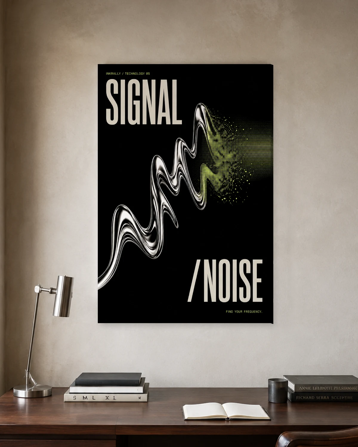 Signal / Noise stretched canvas in a considered home office