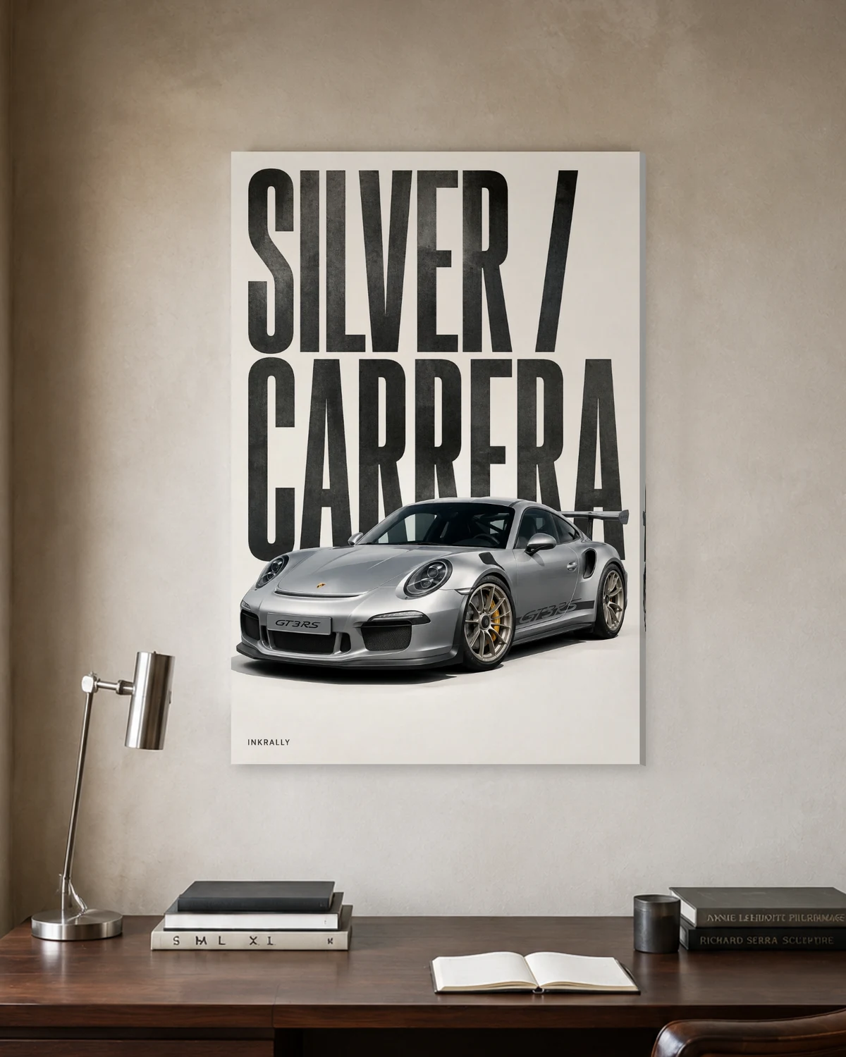 Silver Carrera stretched canvas in a considered home office