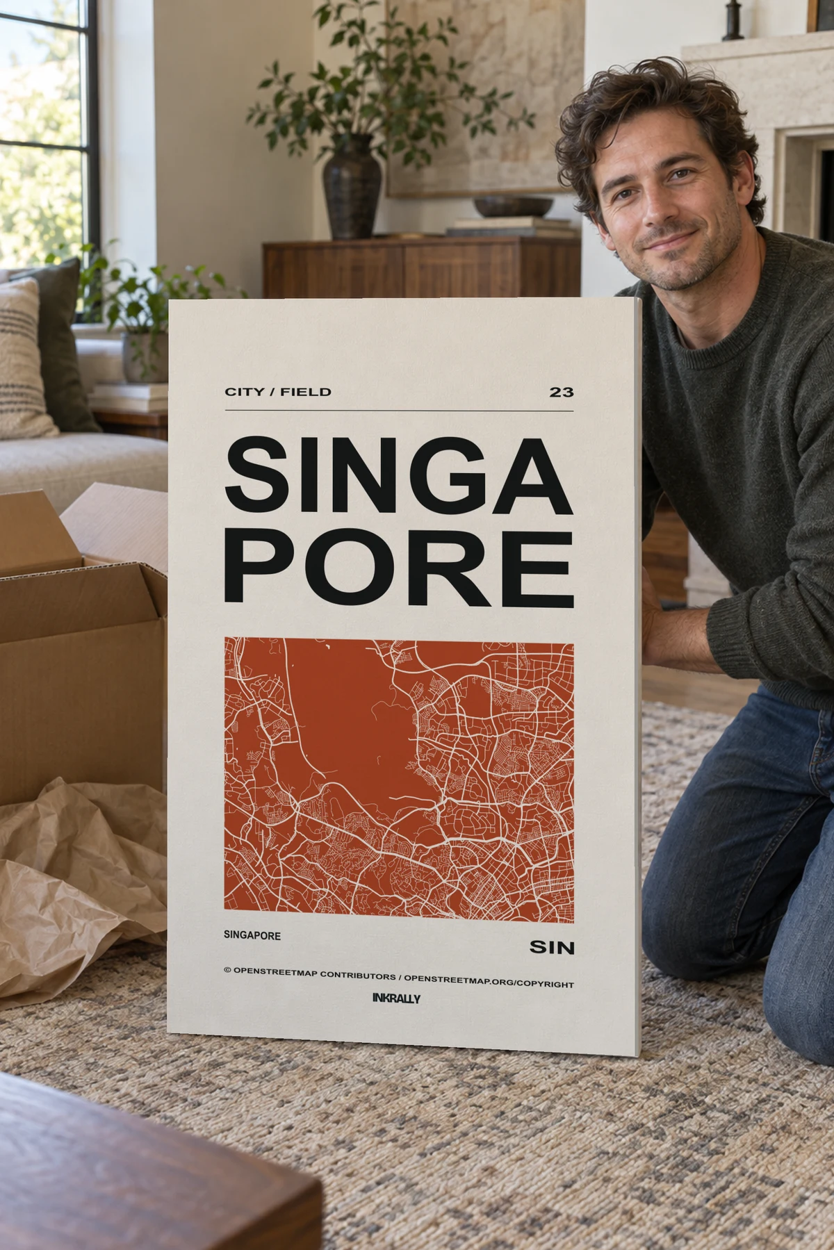 Singapore / City Field stretched canvas shown after unpacking in a naturally lit home