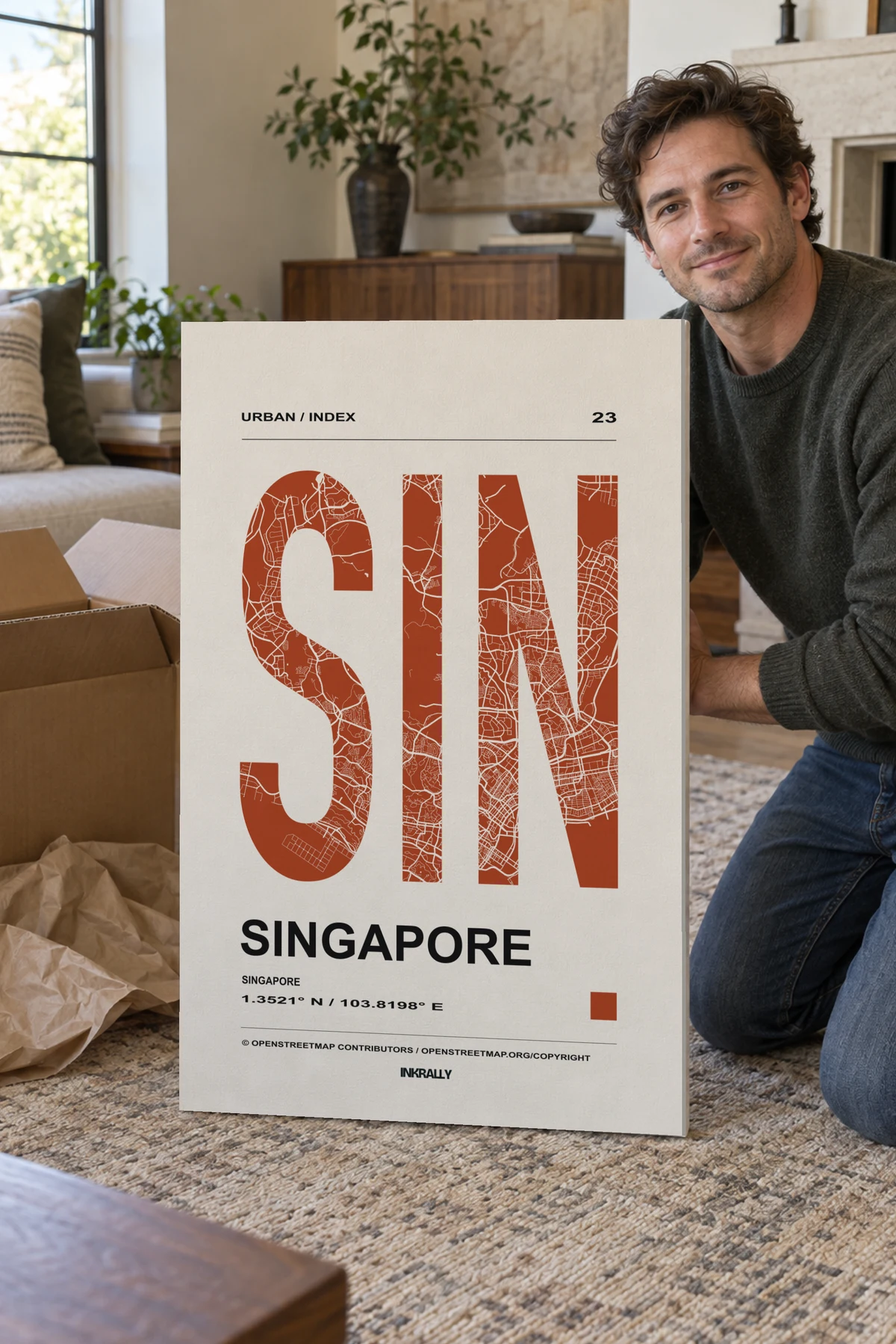 Singapore / Urban Index stretched canvas shown after unpacking in a naturally lit home