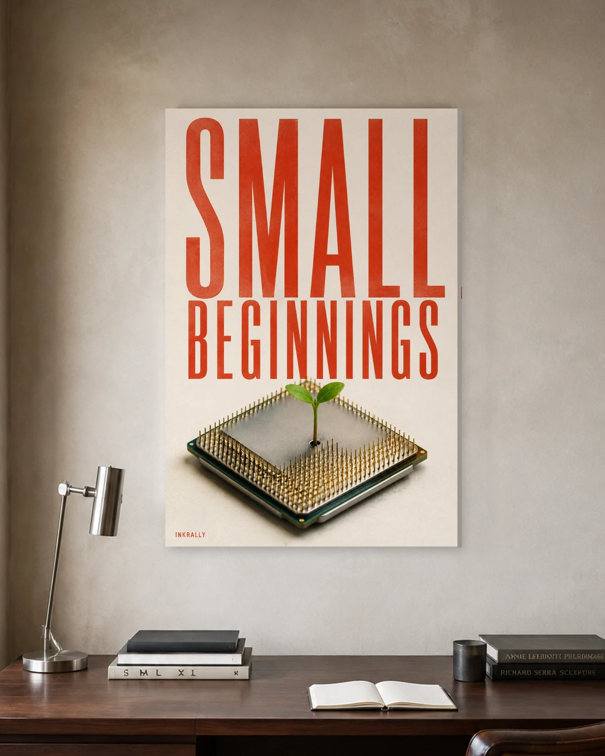 Small Beginnings stretched canvas in a considered home office
