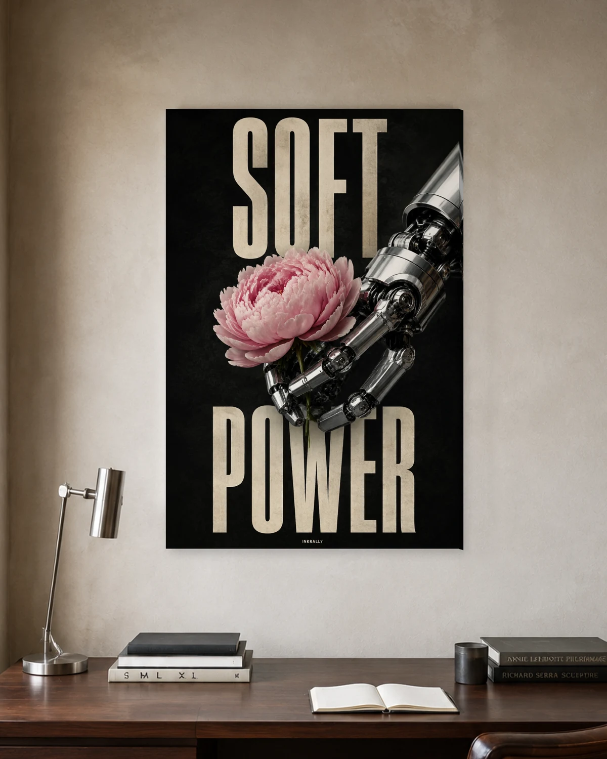 Soft Power stretched canvas in a considered home office