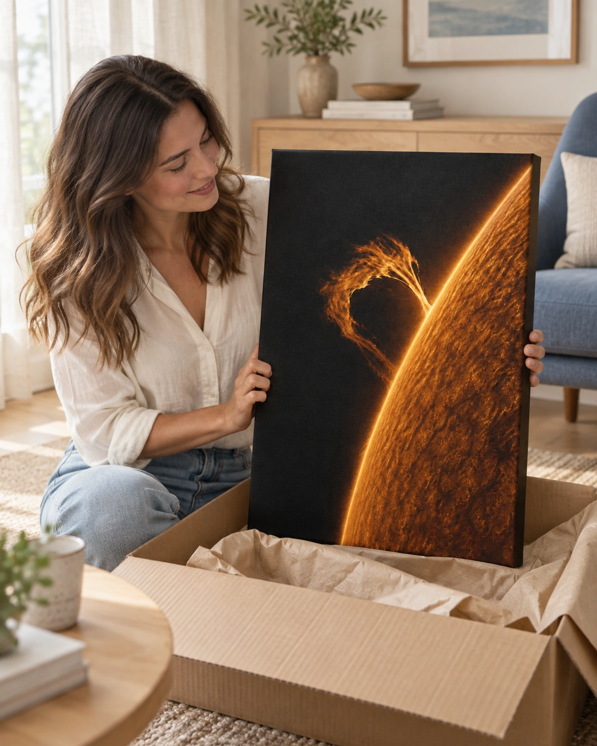 solar limb stretched canvas being unpacked at home