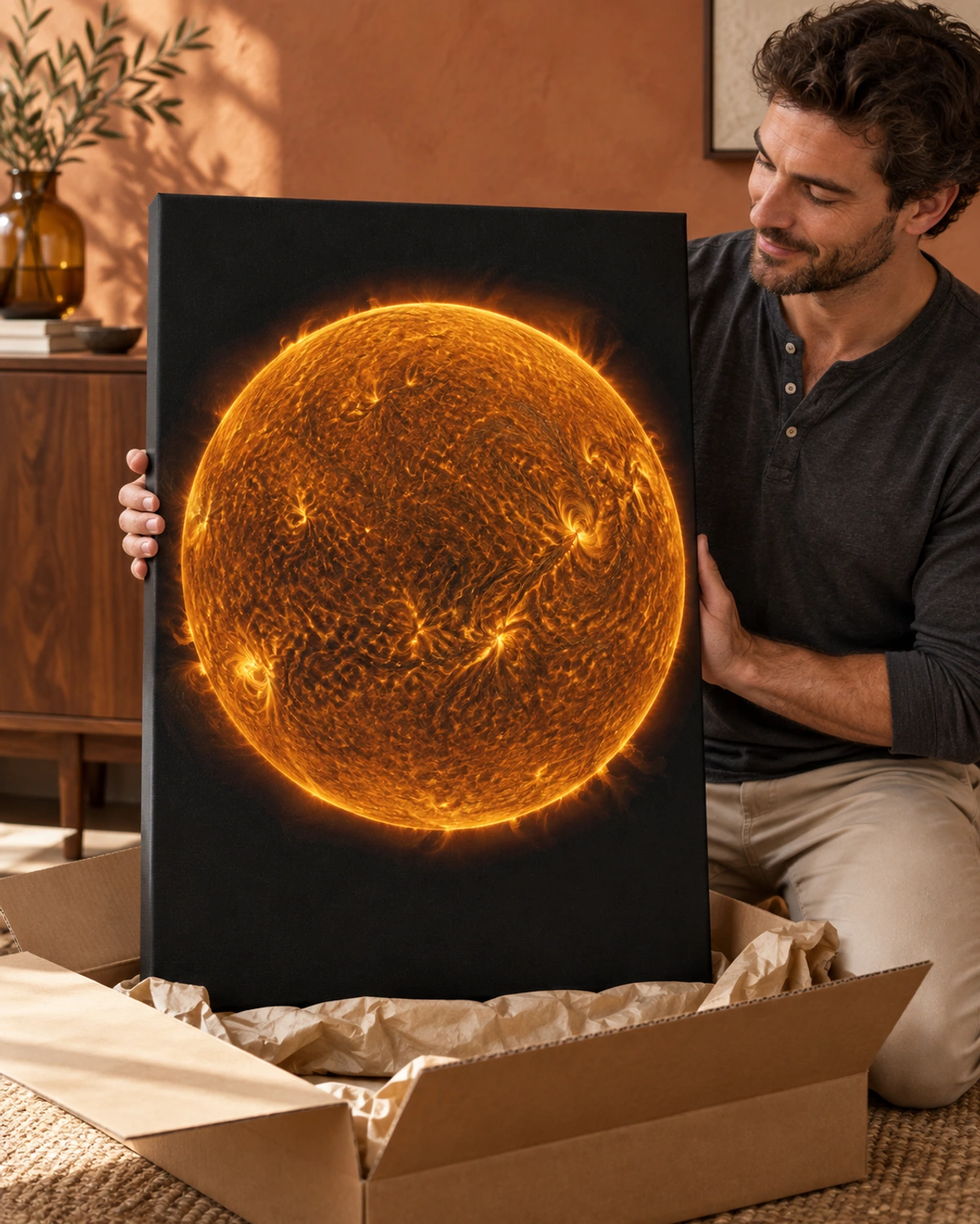solar study stretched canvas being unpacked at home