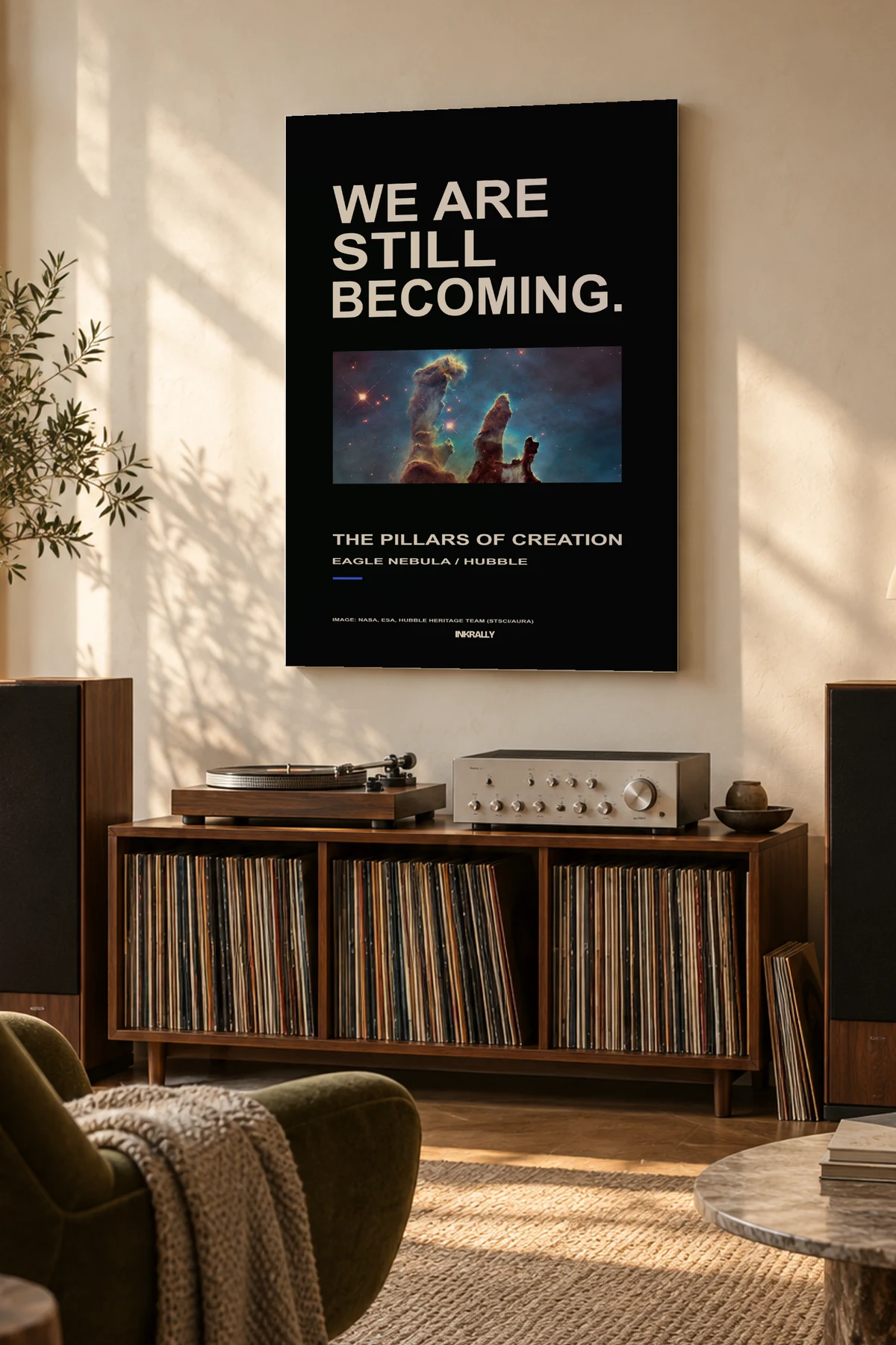 Still Becoming / Cosmos — A considered listening room with warm natural light