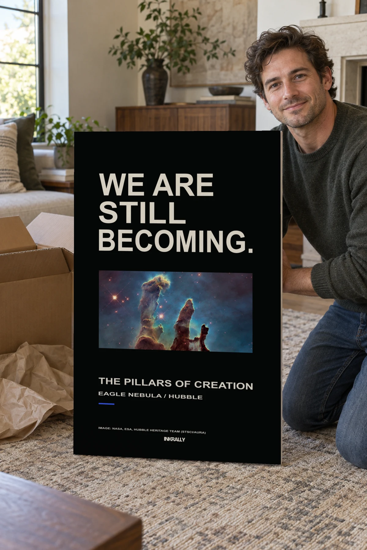 Still Becoming / Cosmos stretched canvas shown after unpacking in a naturally lit home