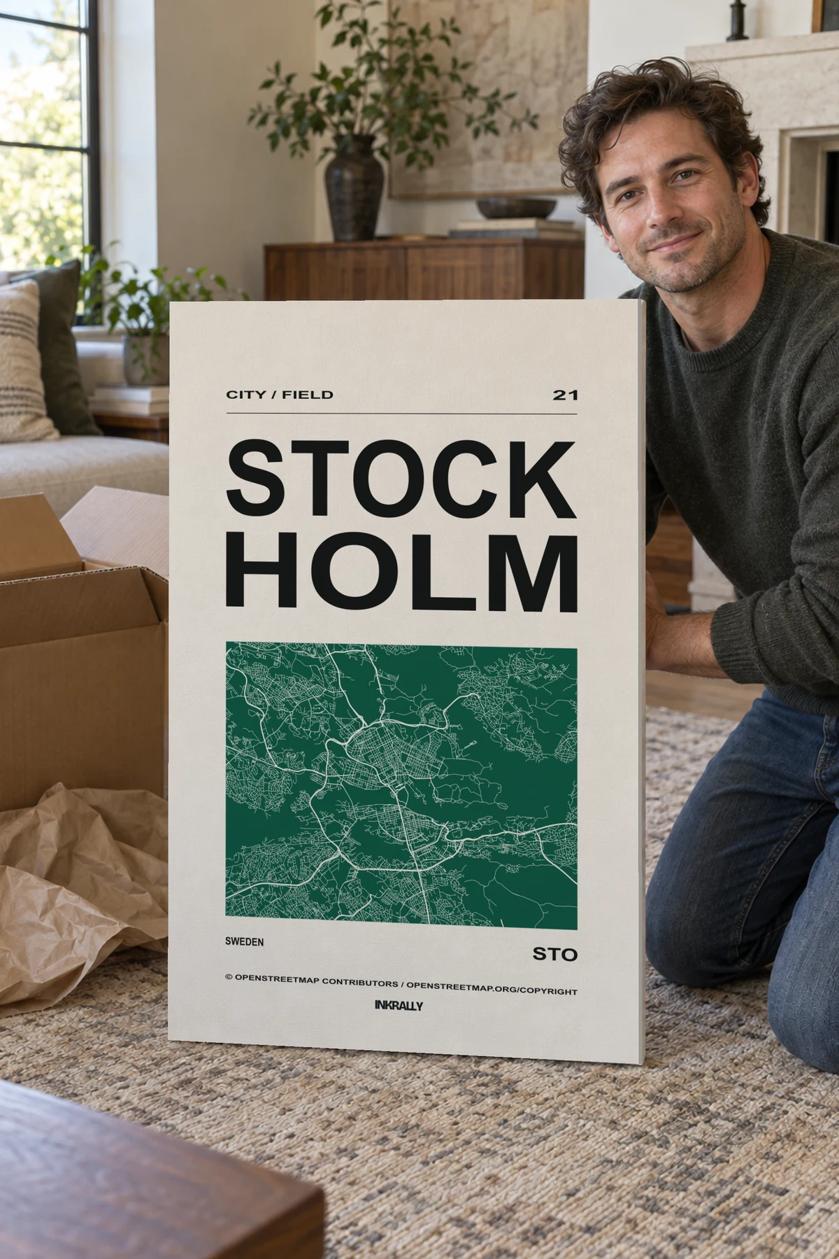 Stockholm / City Field stretched canvas shown after unpacking in a naturally lit home