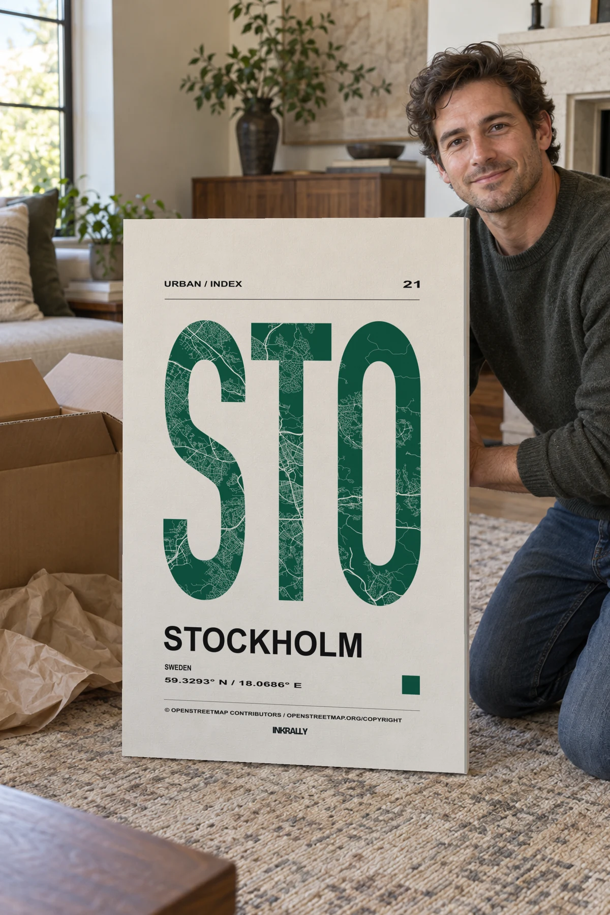 Stockholm / Urban Index stretched canvas shown after unpacking in a naturally lit home
