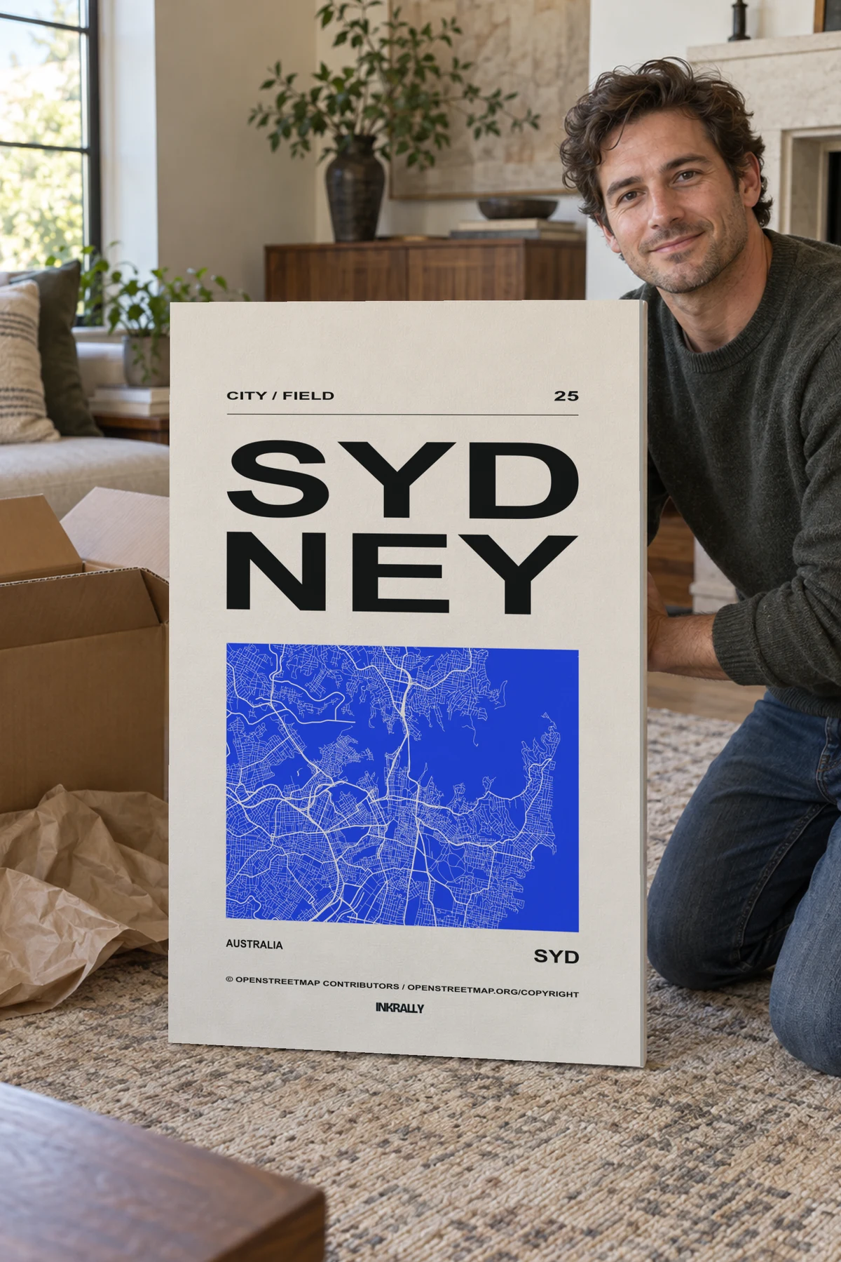 Sydney / City Field stretched canvas shown after unpacking in a naturally lit home