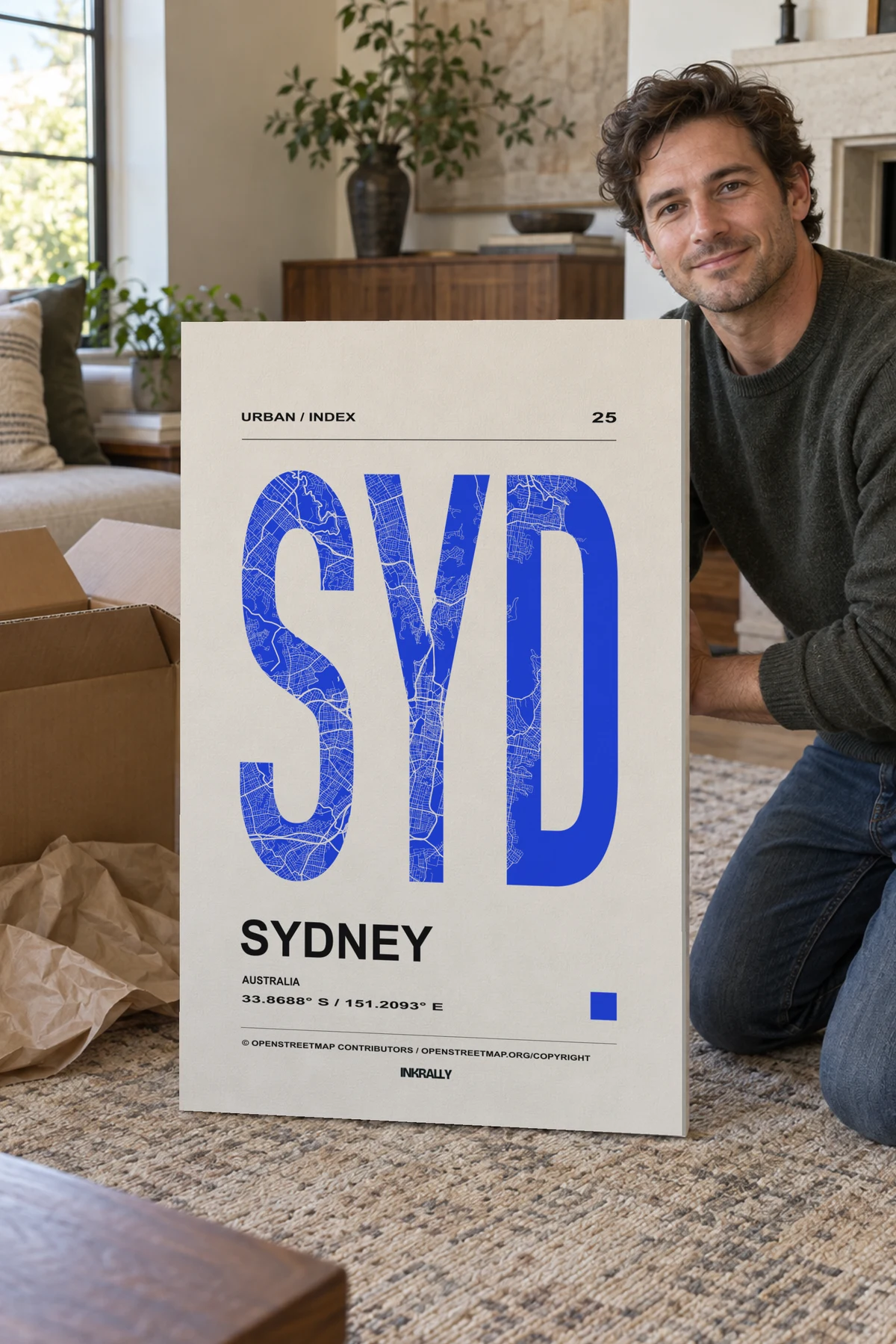 Sydney / Urban Index stretched canvas shown after unpacking in a naturally lit home