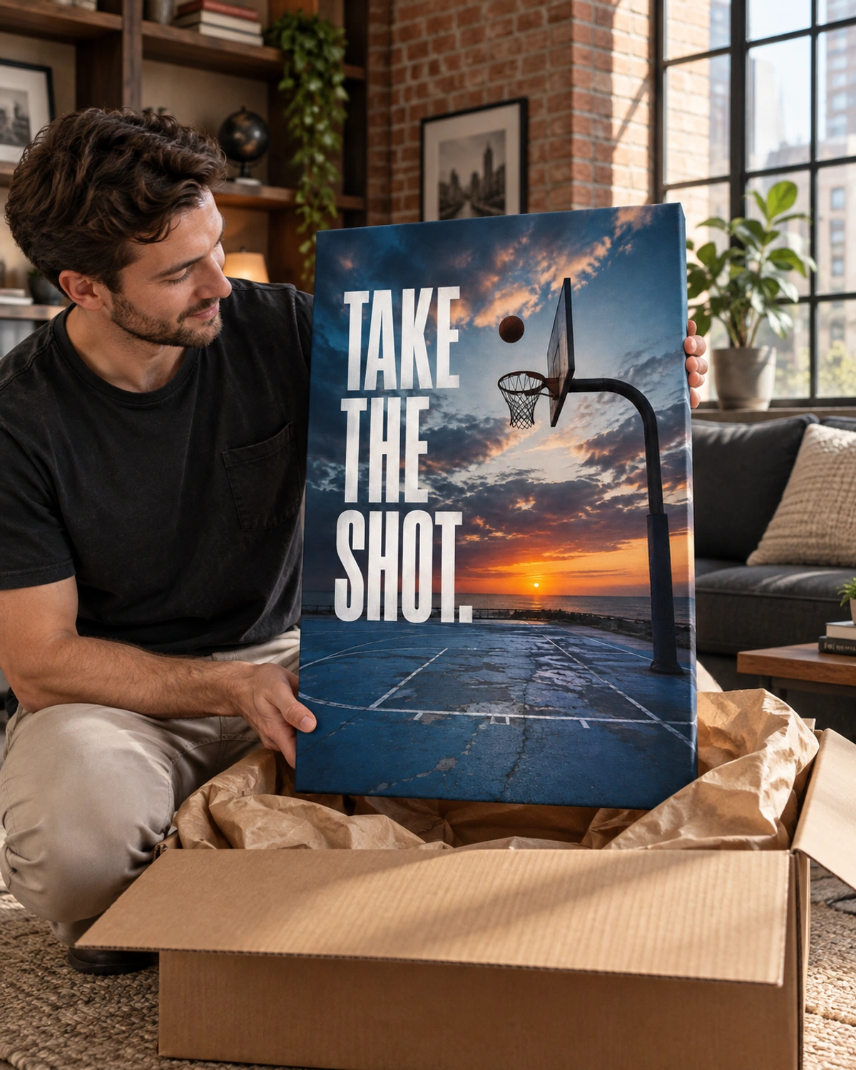 take the shot stretched canvas being unpacked at home