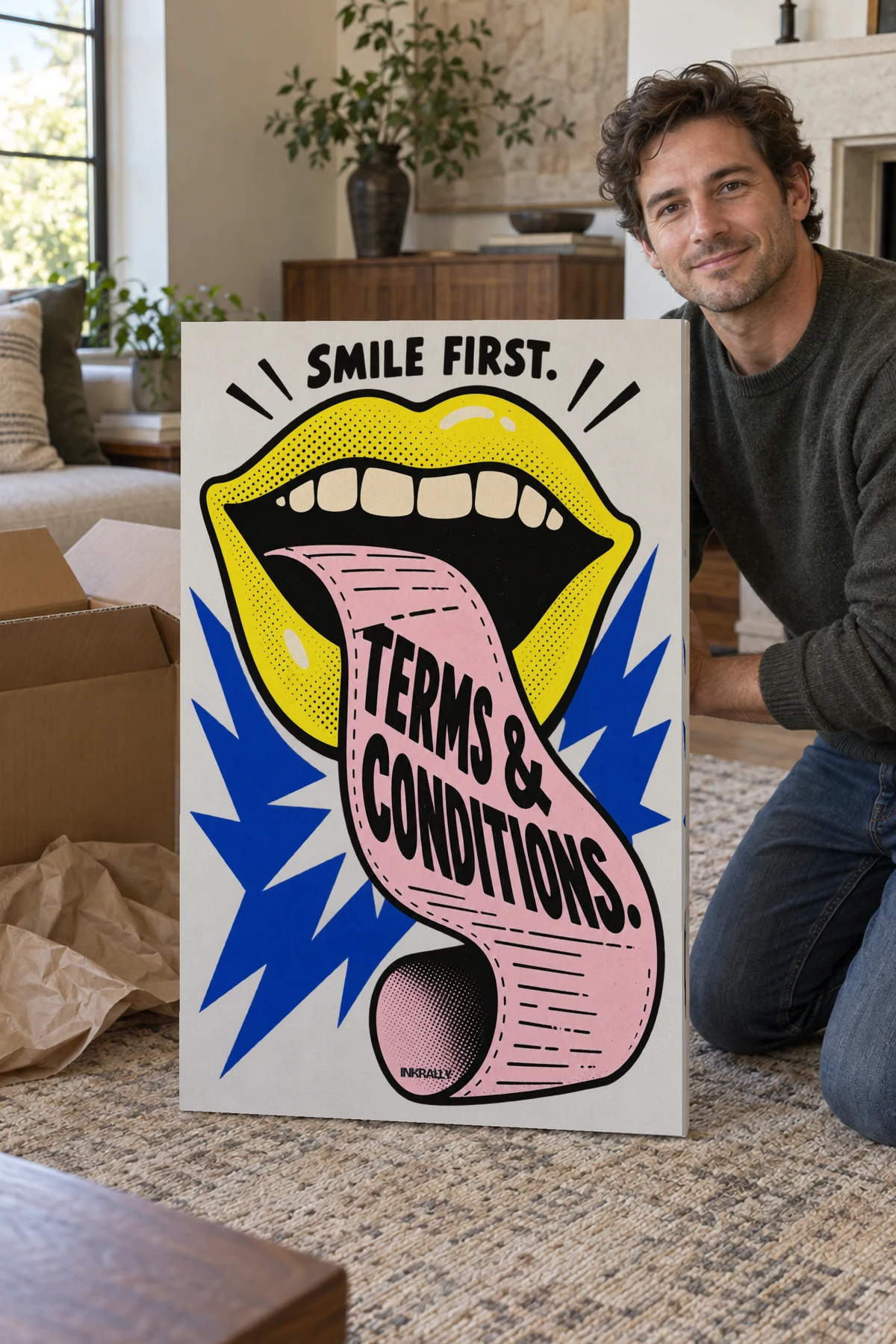 Terms And Conditions stretched canvas shown after unpacking in a naturally lit home