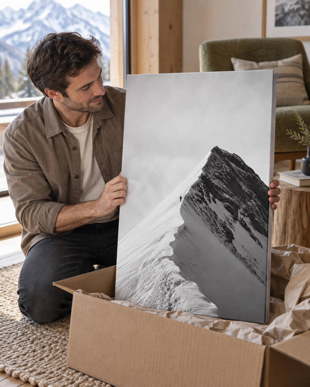 the ascent stretched canvas being unpacked at home