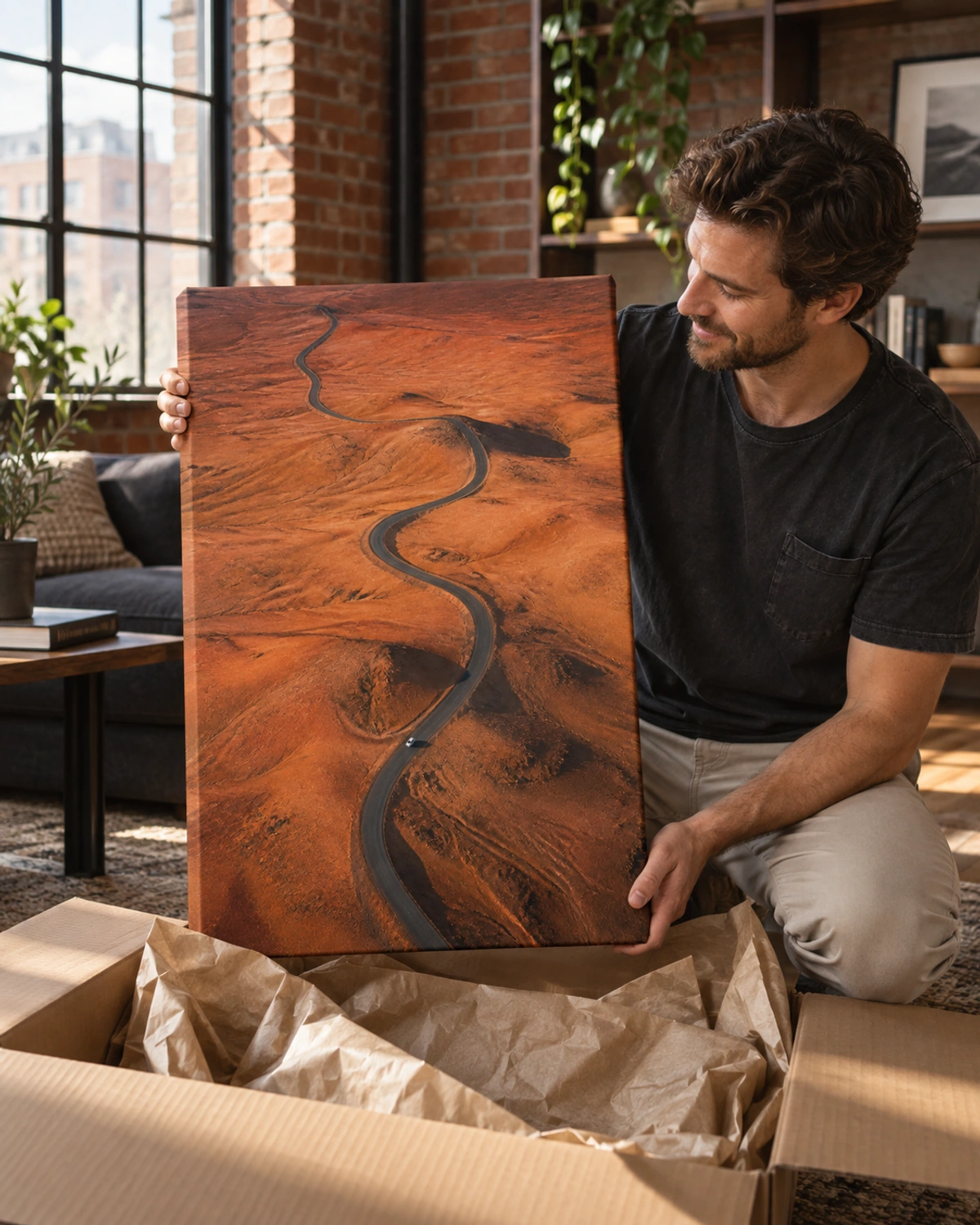 the long way stretched canvas being unpacked at home