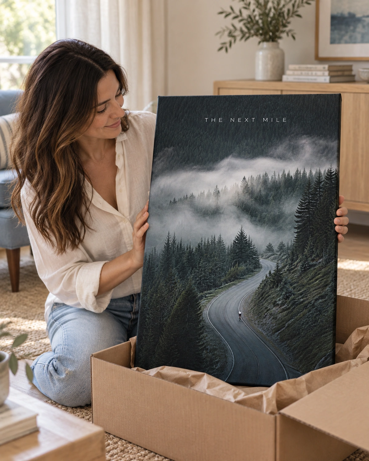 the next mile stretched canvas being unpacked at home